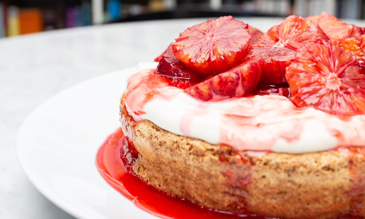 Pistachio and orange blossom cake with blood orange and mascarpone
