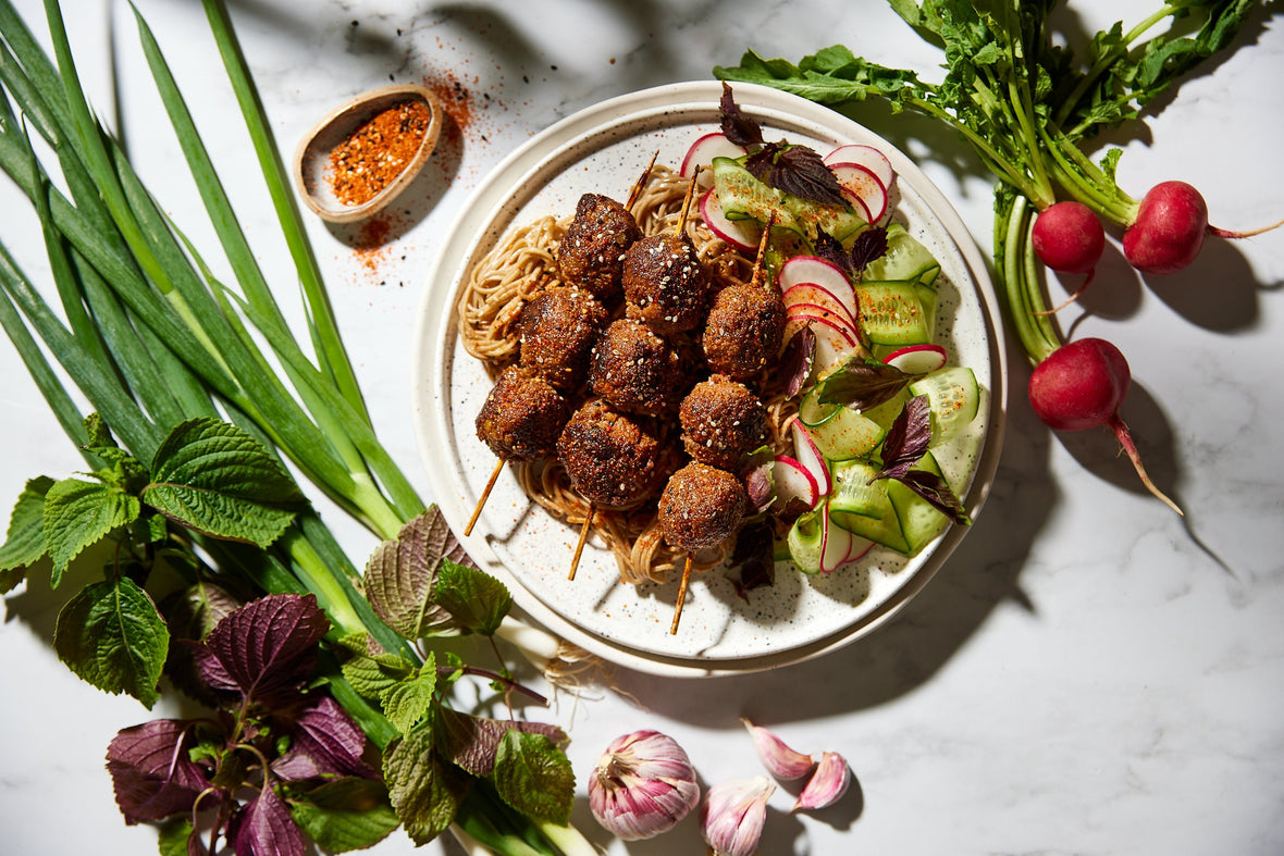 Beef tsukune with soba noodles and summer salad