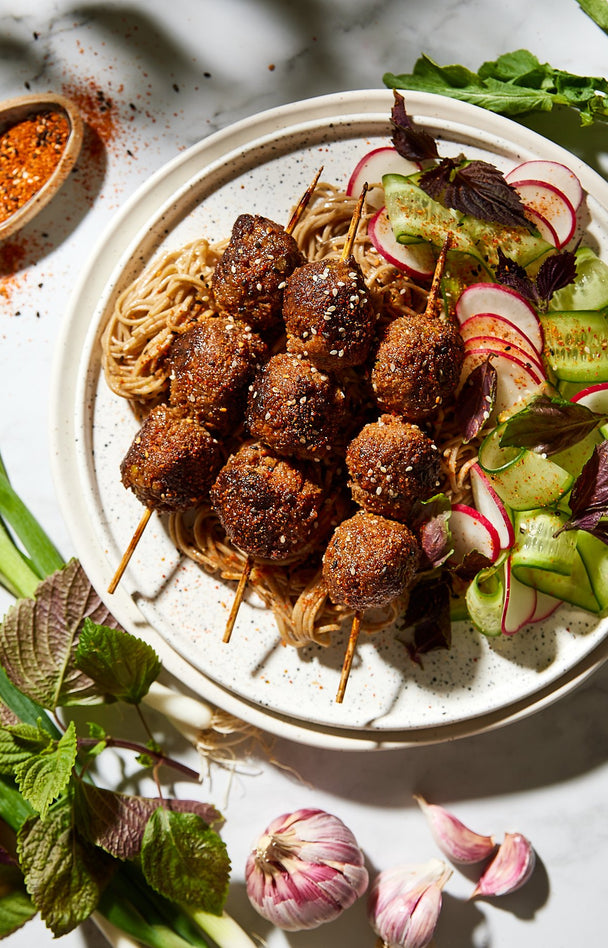 Beef tsukune with soba noodles and summer salad
