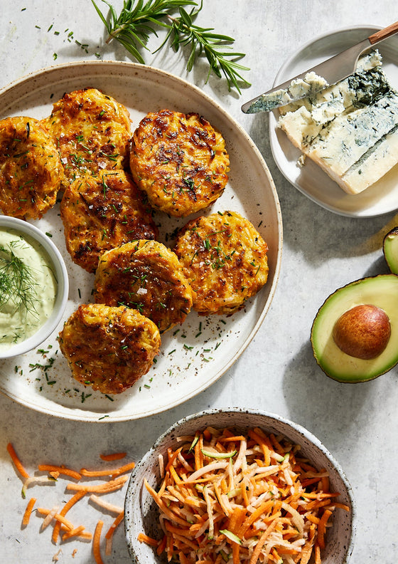 Vegetable fritters with avocado blue cheese dip