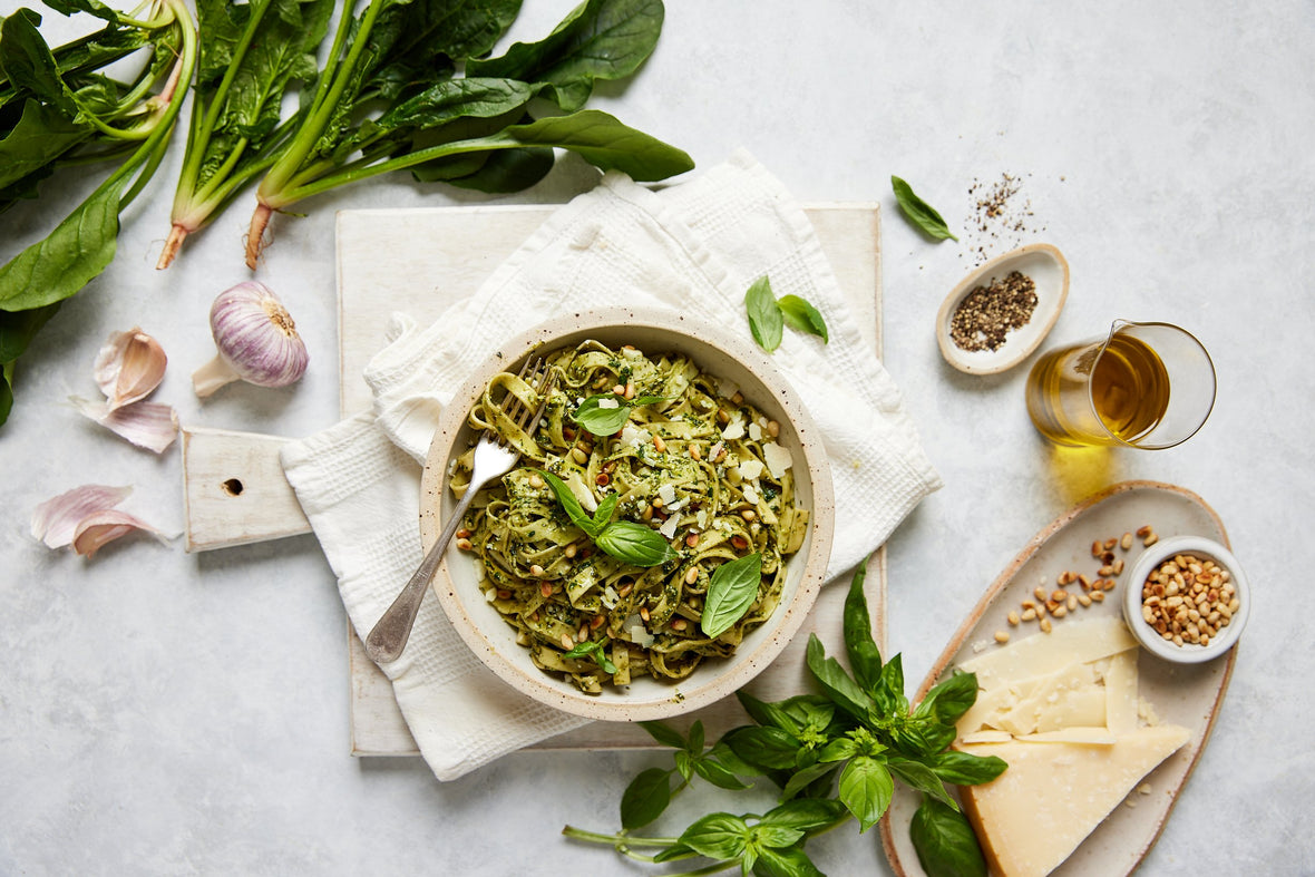 Fettuccine  with spinach pesto and crispy breadcrumbs