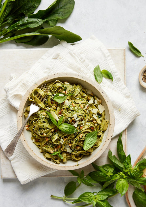 Fettuccine  with spinach pesto and crispy breadcrumbs