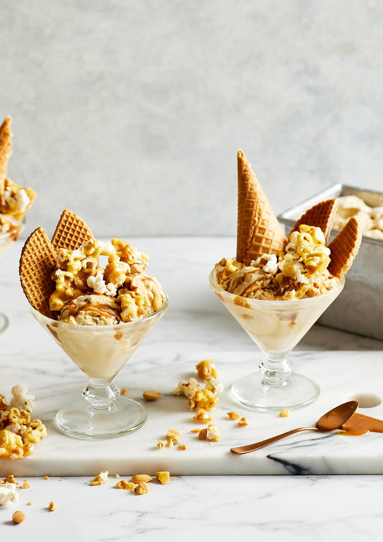 Salted caramel ice cream with peanut and popcorn brittle