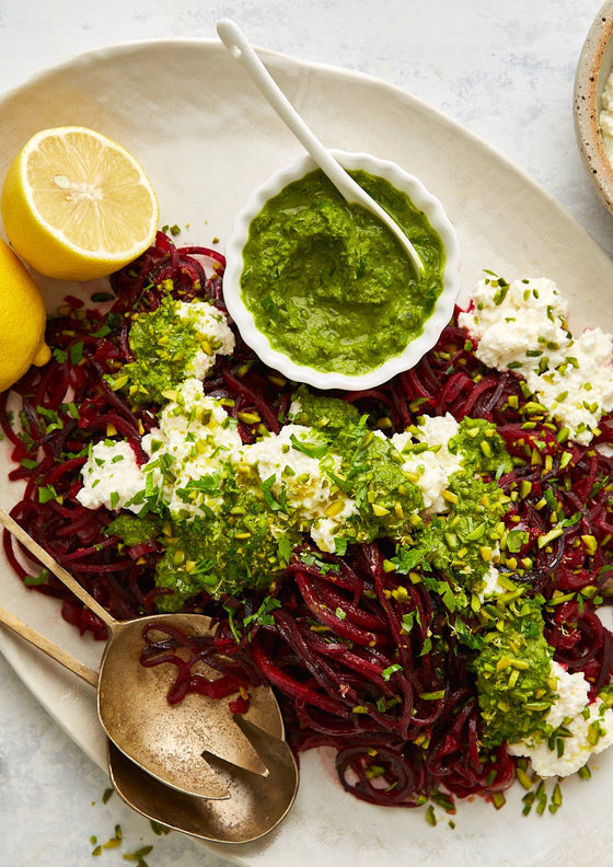 Spiralized beetroot noodles with ricotta salad and parsley pesto