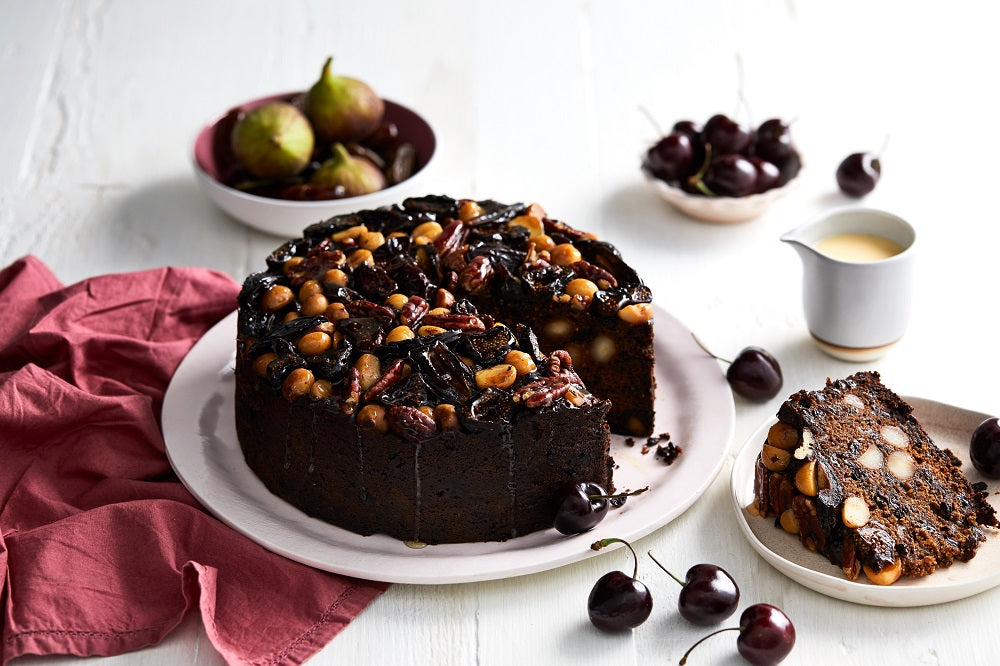 Macadamia nut, bush honey and fig christmas cake