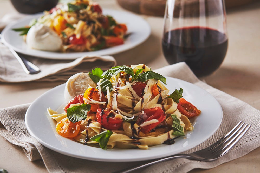 Fettuccine Pasta with Heirloom Tomatoes, Burrata & Balsamic Recipe