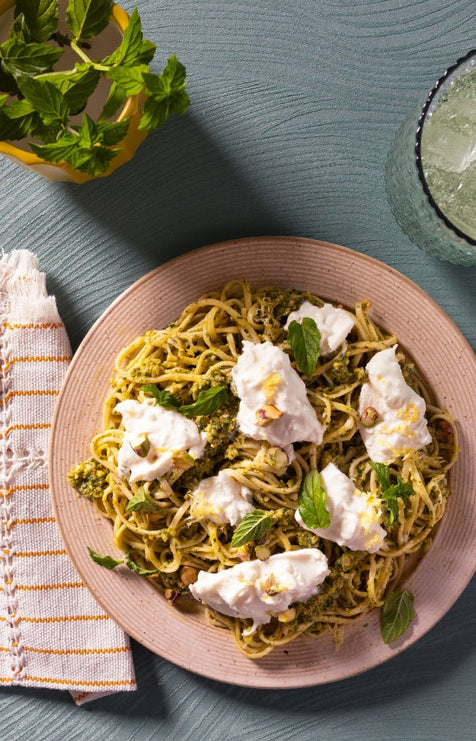 Spaghetti with Mint Pesto and Burrata