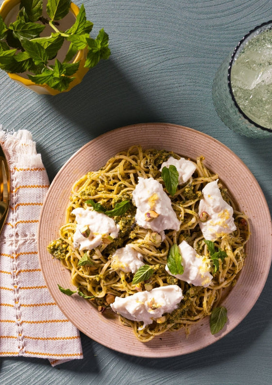 Spaghetti with Mint Pesto and Burrata