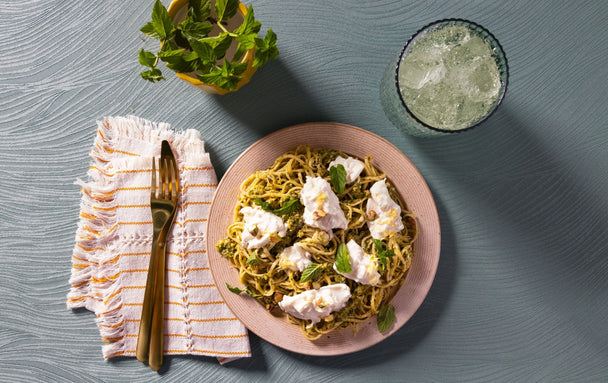 Spaghetti with Mint Pesto and Burrata