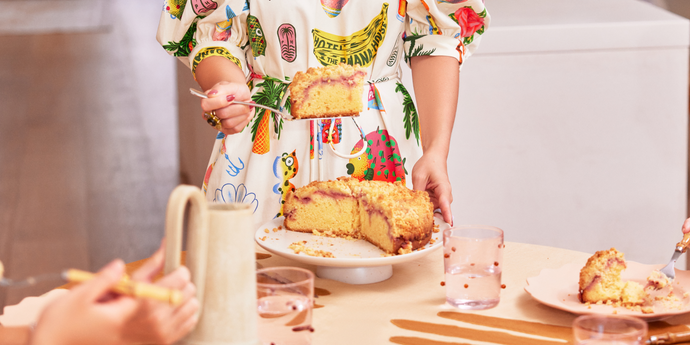 Strawberry custard crumble cake by Katherine Sabbath