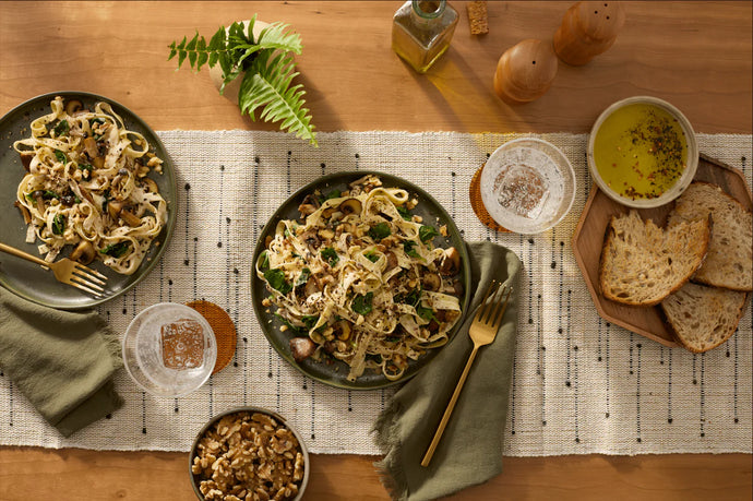 Fresh Fettuccine with Mushrooms, Greens, and Walnuts