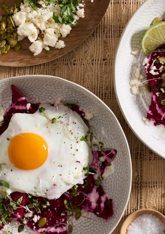 Brunch chilaquiles with spicy beetroot salsa